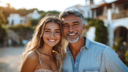 A joyful couple embraces each other in a picturesque coastal village at sunset.の素材