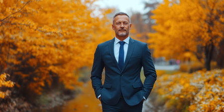 A businessman strolls confidently among bright autumn foliage by a peaceful stream.の素材