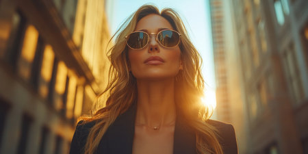 A woman confidently walks down city streets during a beautiful sunset.の素材