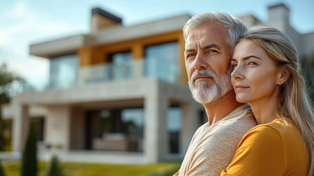 A couple stands close together, enjoying a moment of affection by their stylish home.の素材