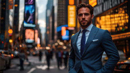 A businessman stands confidently amidst the bustling crowds of Times Square at dusk.の素材