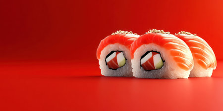 Fresh sushi rolls are beautifully arranged on a bright red surface ready to enjoy.の素材