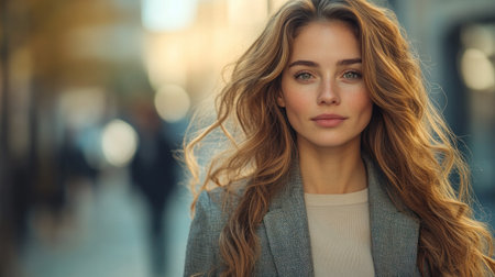 A young woman walks confidently along a bustling urban street in sunlight.の素材