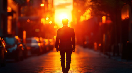A man confidently walks down a city street as the sun sets behind him.の素材