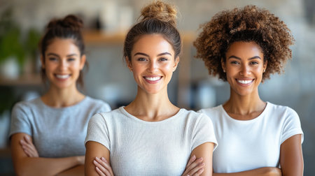 Three women pose happily with arms crossed, enjoying their time in a trendy cafの素材
