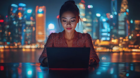 A young woman works on her laptop against a vibrant city skyline at night.の素材