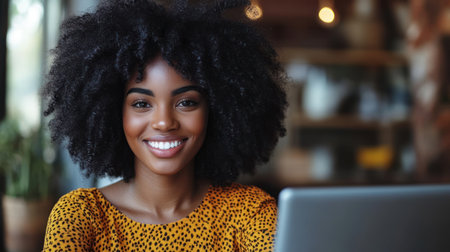 A smiling woman engaged with her laptop in a warm cafの素材