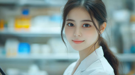 A medical professional smiles warmly while engaged in tasks within a laboratory.の素材
