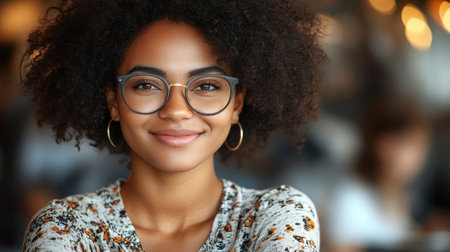 A young woman with curly hair smiles warmly while seated in a cafの素材