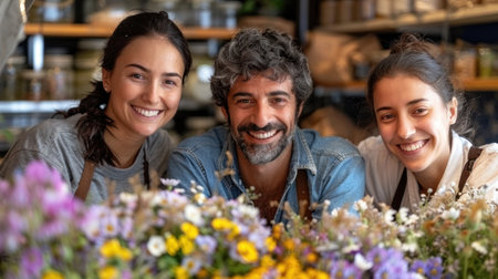Friends enjoy their time together in a charming flower shop surrounded by vibrant blooms.の素材