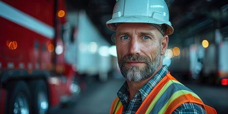 Construction worker poses confidently in a logistics facility wearing safety gear.の素材