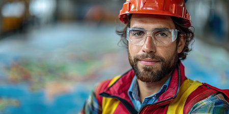 A man wearing a hard hat and safety glasses stands in a factory setting.の素材