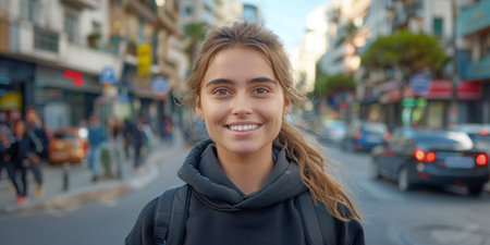 A young woman wearing a black hoodie smiles at the camera while walking on a city street.の素材