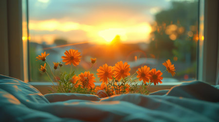 A bouquet of orange flowers sits on a bed, with a golden sunset shining through the window behind them.の素材
