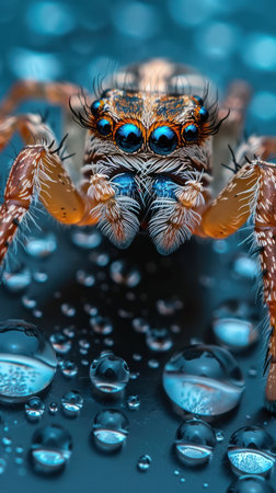 Jumping spider with blue eyes focused on camera, surrounded by water droplets on blue surfaceの素材