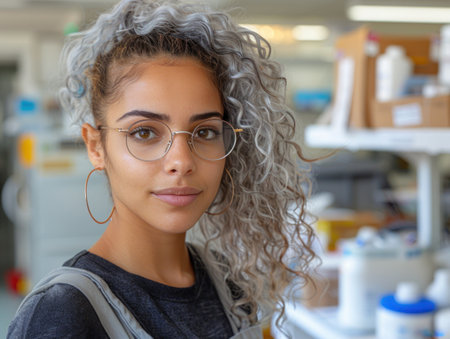 Silver-haired woman with hoops and glasses is standing in a work setting, looking at the cameraの素材