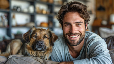 A smiling man with a beard rests his arm on a brown and white dog lying on a couch.の素材