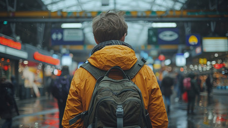 A lone person wearing a yellow jacket walks through a crowded train station, carrying a backpack.の素材