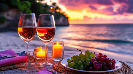 Two glasses of wine beside a plate of grapes at sunset on a beach.の素材