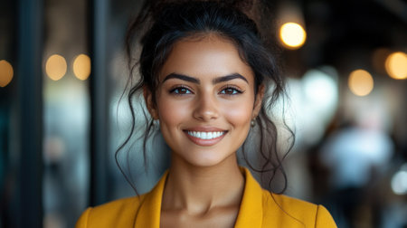 A cheerful woman with a warm smile stands confidently in a stylish cafの素材