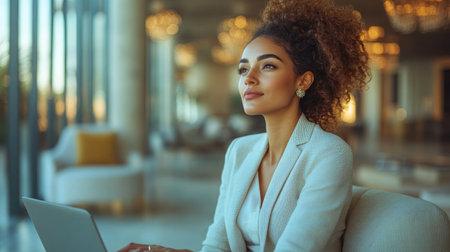 A woman focuses intently on her laptop in a stylish office environment.の素材