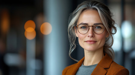 A woman with glasses poses confidently in a warm-lit cafe during the evening.の素材