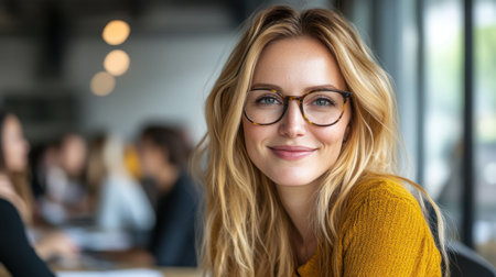 A young woman with glasses smiles warmly while seated in a bustling cafの素材