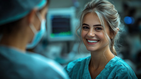 A smiling healthcare worker interacts warmly with a colleague in scrubs.の素材