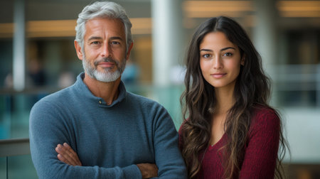 Two individuals pose confidently in a contemporary office setting.の素材