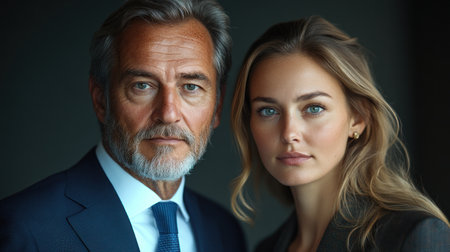 A man and woman pose together, showing confident expressions and formal clothing in a studio setting.の素材