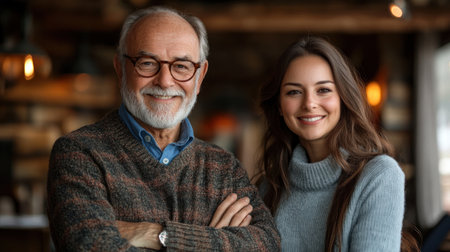 A cheerful senior and a young woman pose together, both smiling warmly in a cozy cafの素材