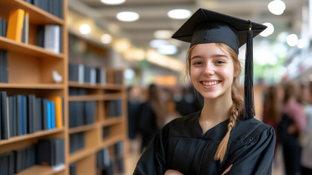 A happy graduate poses confidently in her cap and gown at the library.の素材