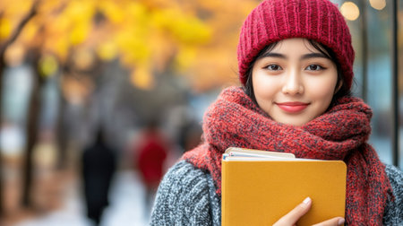 A young woman wears a cozy outfit, smiling as she holds a notepad surrounded by autumn scenery.の素材
