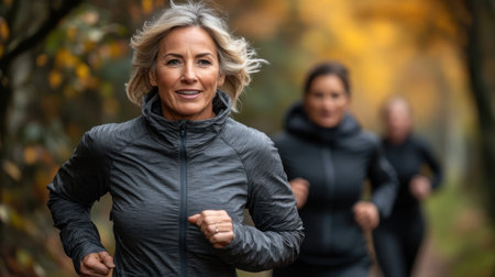 Women run energetically along a scenic wooded path in beautiful autumn weather.の素材