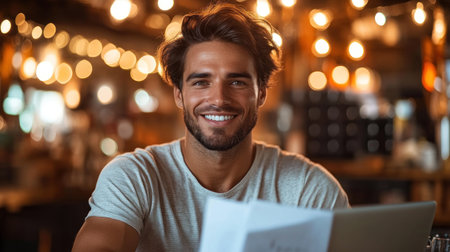 A cheerful young man sits at a table, enjoying a moment in a warmly lit cafe.の素材