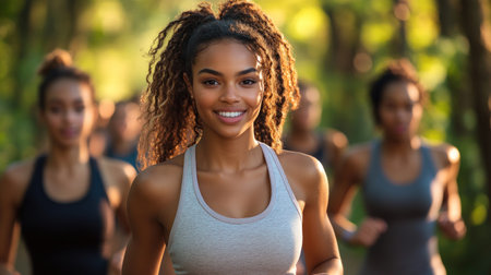 A group of women jogs happily along a wooded trail on a sunny day.の素材
