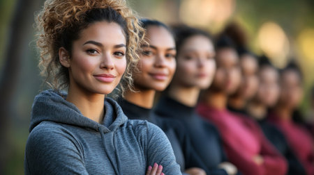 A group of young women stands confidently in a line, smiling and enjoying the outdoor atmosphere.の素材