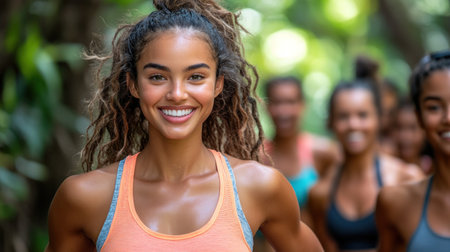 A group of women enjoys a workout in a vibrant forest, smiling and staying active together.の素材