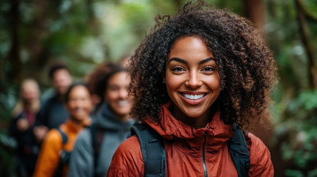A group of friends hikes happily through a vibrant forest trail.の素材