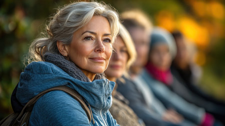 Women sitting together outdoors, enjoying each other's company as the sun sets.の素材