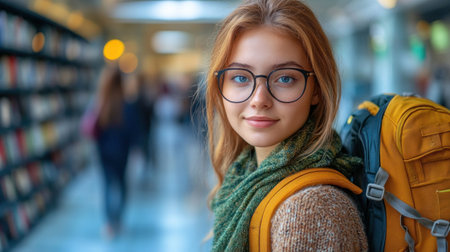 A young woman with glasses and a backpack smiles while standing in a busy library.の素材