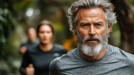 Two runners enjoy a morning jog on a beautiful park trail surrounded by vibrant nature.の素材