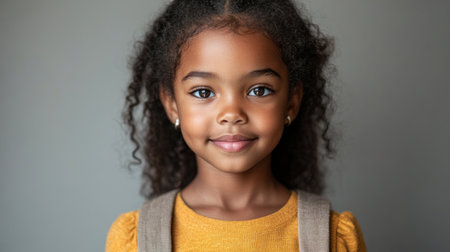 A joyful girl with curly hair beams with happiness, ready for a day of adventure.の素材