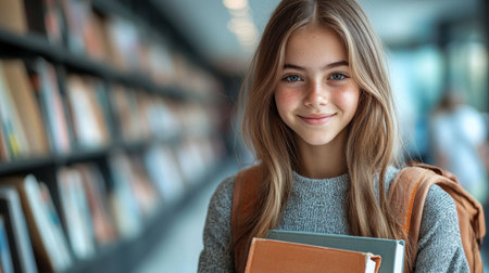 A cheerful student bonds with her books in a sunny library filled with shelves.の素材