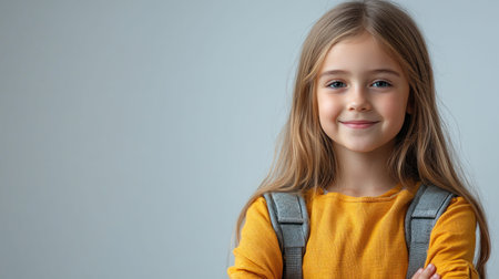 A cheerful child with long hair in a yellow top stands confidently, ready for the day ahead.の素材
