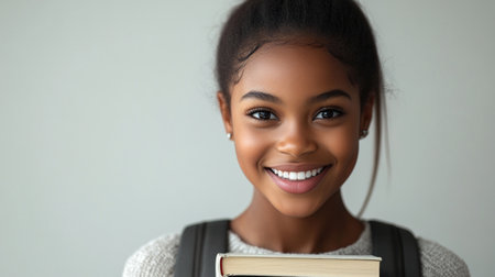 A smiling young girl embraces a book, radiating enthusiasm and love for reading in a bright atmosphere.の素材