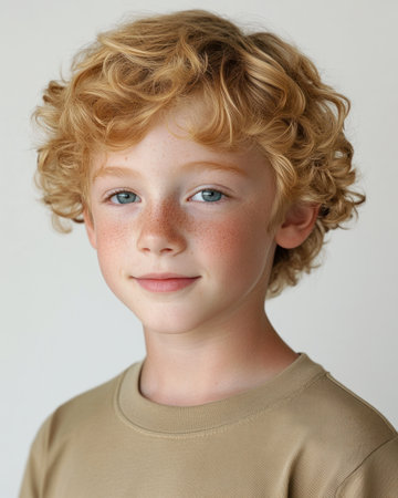 A cheerful young boy displays his charming smile and playful spirit with curly hair and warm freckles.の素材