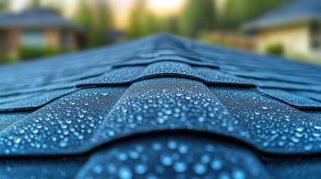 Fresh dew adorns rooftops, capturing the soft glow of sunrise in a tranquil suburban setting.の素材