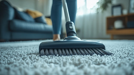 A person sweeps the carpet, bringing life and warmth to the inviting living space.の素材