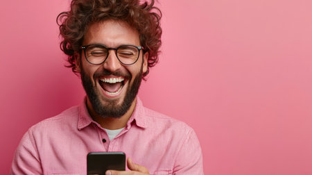 A cheerful man enjoys a moment of laughter while checking his phone, radiating happiness.の素材